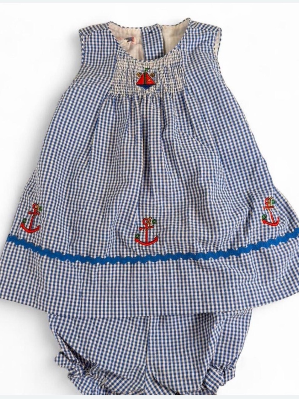 Blue Gingham Anchor Smocked Baby Dress with bloomers